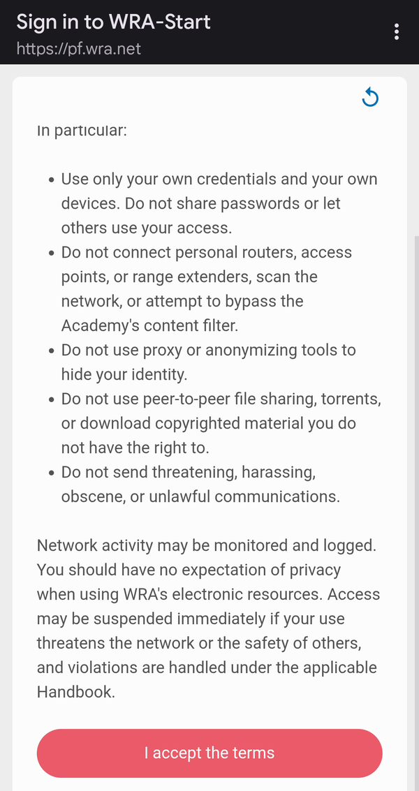 The end of the acceptable-use note with the I accept the terms button