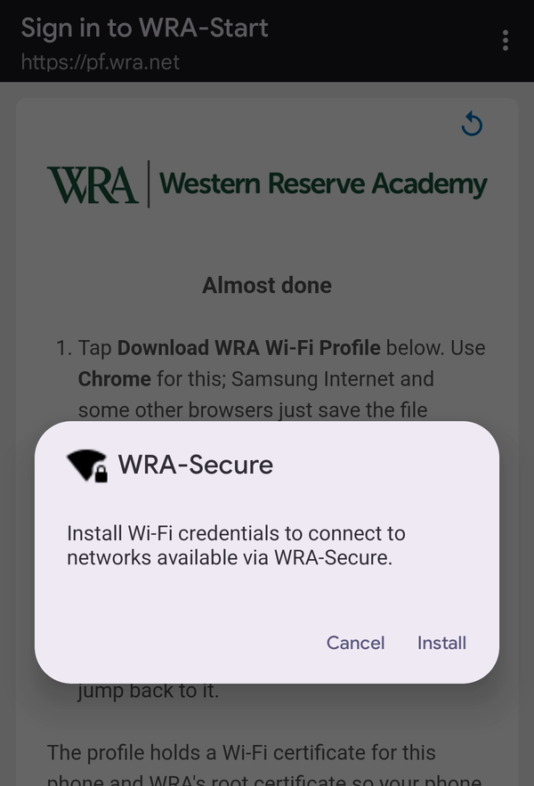 The WRA-Secure Install Wi-Fi credentials box with the Install button