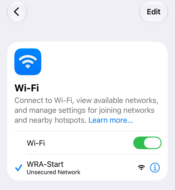Wi-Fi settings with WRA-Start connected