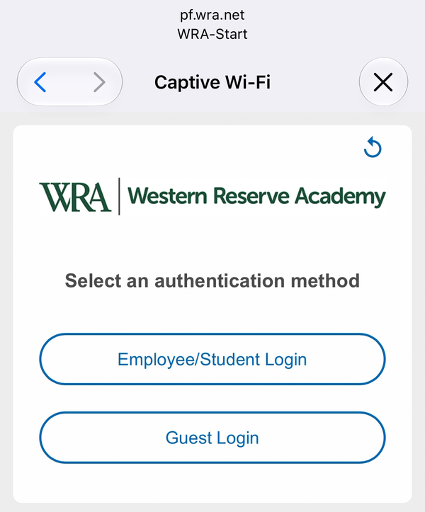 The page with the Employee/Student Login and Guest Login buttons