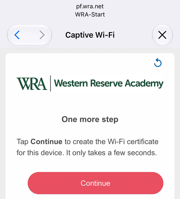 The One more step page with the Continue button