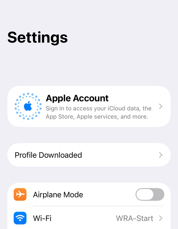Settings with the Profile Downloaded row near the top