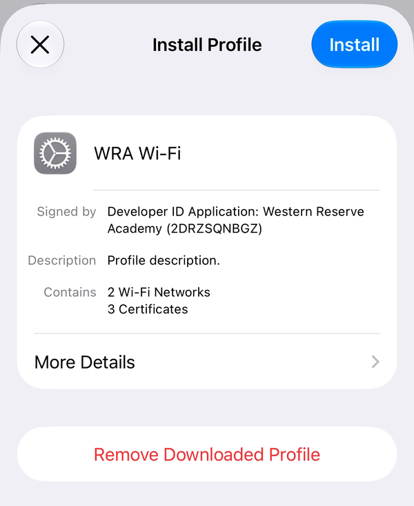 The Install Profile screen for WRA Wi-Fi, signed by Western Reserve Academy