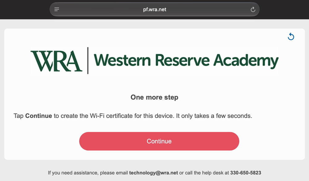 The One more step page with the Continue button