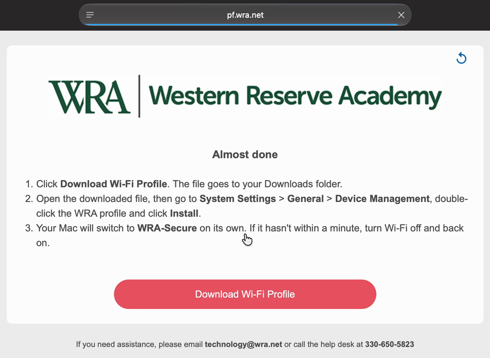 The Almost done page with the Download Wi-Fi Profile button