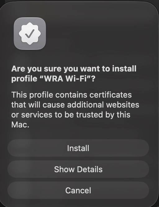 The Are you sure you want to install profile WRA Wi-Fi message with the Install button
