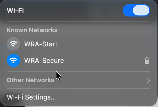 The Wi-Fi menu with WRA-Secure connected