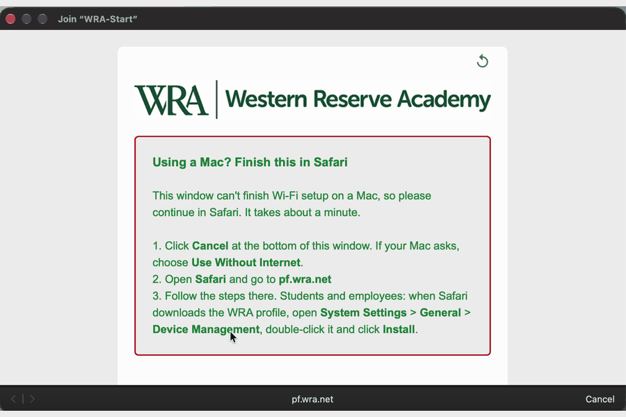 The whole setup on a Mac, from the WRA-Start pop-up to connected on WRA-Secure